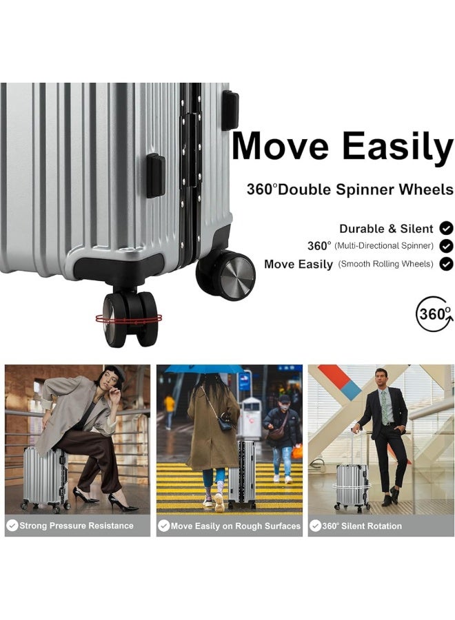 POGAGO Lightweight Aluminum Frame Polycarbonate Hard Case Luggage Set | 3-Piece Trolley Suitcase (20/24/28 Inch) | Silver Checked Luggage with 360° Double Spinner Wheels - Image 5